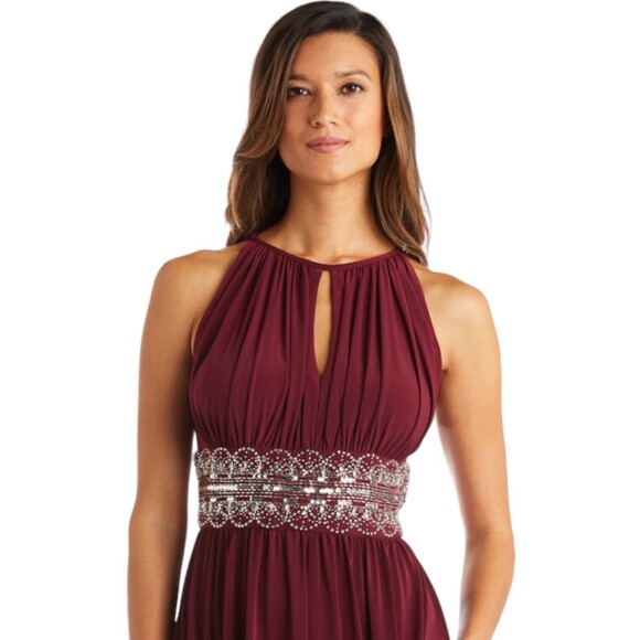 R&M Richards Halter Sleeveless Long Gown Beaded Waist Purple Eggplant Size 4 - Picture 7 of 10